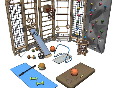 Sports Equipment Collection Featuring Climbing Wall Basketball Hoop Slide Dumbbells And Rope Net 3d model
