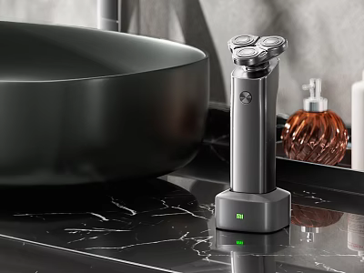 Sleek Electric Shaver On Charging Base With Green Indicator On Bathroom Marble Countertop 3d model