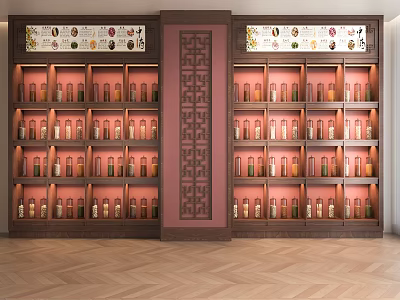 Traditional Chinese Shelving Display With Carved Wooden Partition And Neatly Arranged Illuminated Bottles 3d model