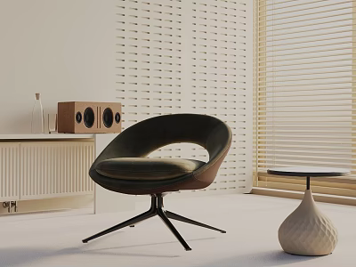 Velvet Upholstered Accent Chair in Modern Interior with Wooden Blinds Small Table and Speakers 3d model