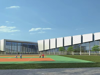 Modern School Building With Glass Facade And Sports Field For Students Playing 3d model