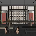 Traditional Chinese Teahouse Interior With Wooden Grilles Red Doors And Tea Set Display Shelves