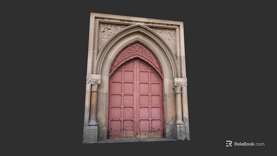 Antique Arched Pink Door With Intricate Carved Stone Frame And Decorative Columns 3d model 