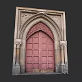 Antique Arched Pink Door With Intricate Carved Stone Frame And Decorative Columns