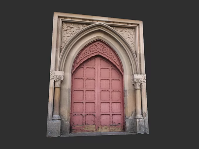 Antique Arched Pink Door With Intricate Carved Stone Frame And Decorative Columns 3d model