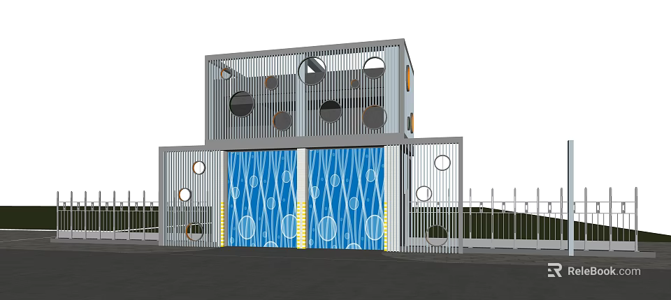 Modern Two Story Building Exterior With Hollow Circular Patterns And Blue Decorative Panels 3d model 