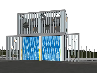 Modern Two Story Building Exterior With Hollow Circular Patterns And Blue Decorative Panels 3d model