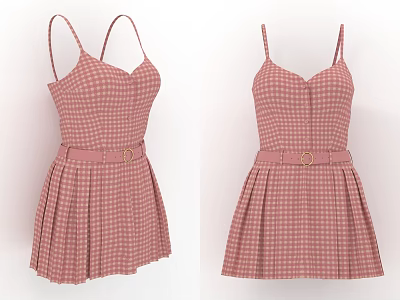 Pink Checkered Spaghetti Strap Dress With Waist Belt And Pleated Skirt 3d model