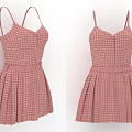 Pink Checkered Spaghetti Strap Dress With Waist Belt And Pleated Skirt