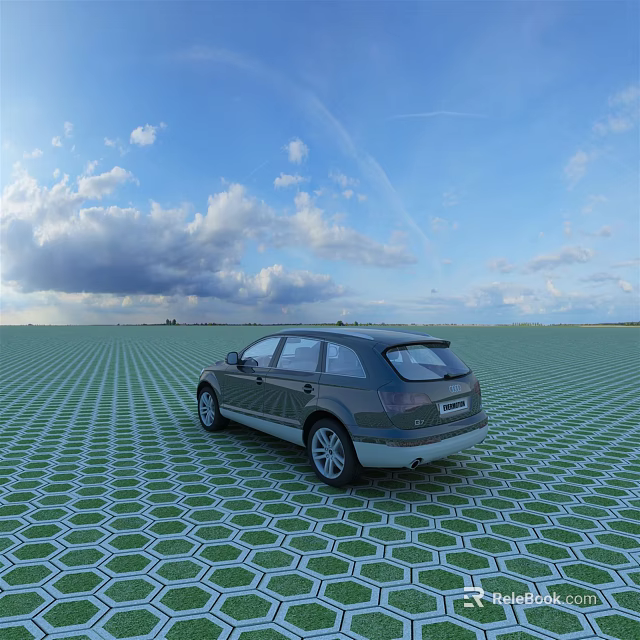Stylish Modern Car Parked On Green Hexagonal Grid Ground Under Blue Sky With White Clouds 3d model 