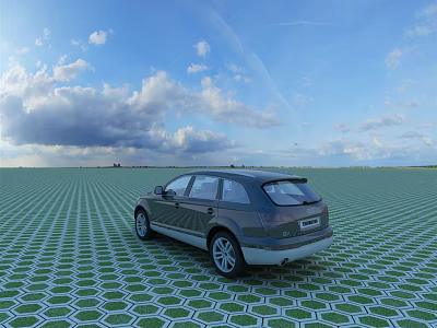 Stylish Modern Car Parked On Green Hexagonal Grid Ground Under Blue Sky With White Clouds 3d model