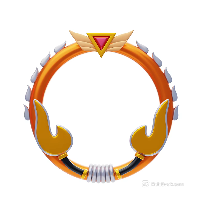Decorative Ornament Set With Orange Circular Frame Gold Wing Accents And Red Gemstone Spiked Design 3d model 
