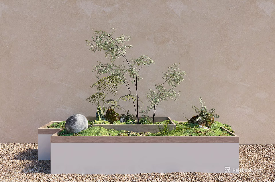 Rectangular Garden Feature With Ferns Stone Moss And Pebbles Against Light Beige Wall 3d model 