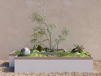 Rectangular Garden Feature With Ferns Stone Moss And Pebbles Against Light Beige Wall 3d model