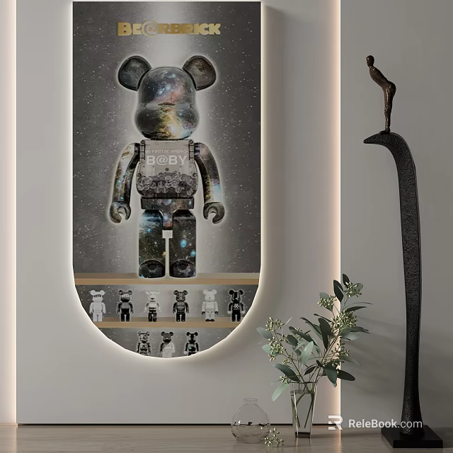 Galaxy Themed Bearbrick Display With Small Figurines And Decorative Plants 3d model 