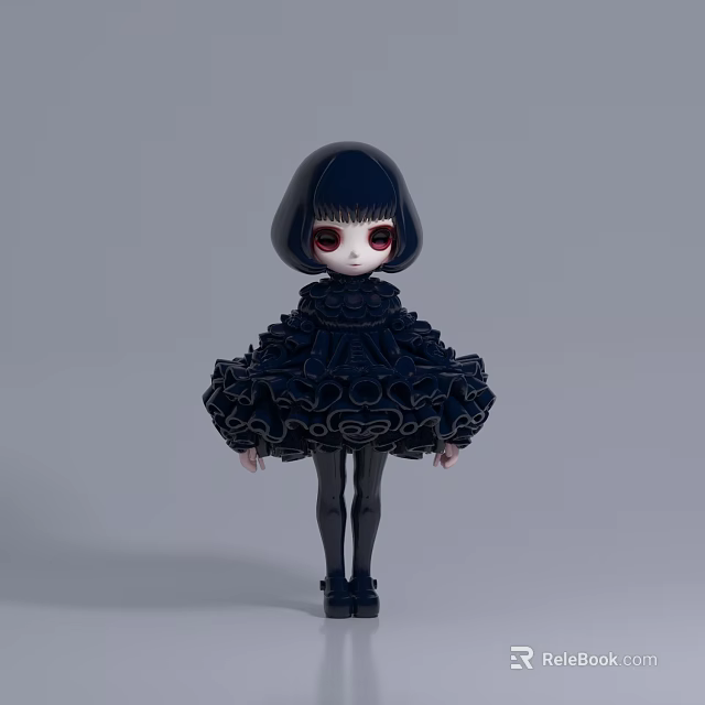 Cute Black Doll With Layered Ruffled Dress Short Black Hair And Red Eyes 3d model 