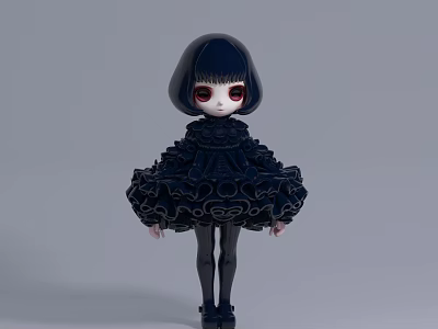 Cute Black Doll With Layered Ruffled Dress Short Black Hair And Red Eyes 3d model