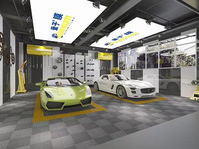 4S Car Dealership Showroom Featuring Green And White Luxury Sports Cars With Maintenance Tools 3d model