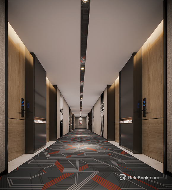 Modern Hotel Corridor With Wooden Walls Doors Ceiling Light Strips And Colorful Patterned Carpet 3d model 
