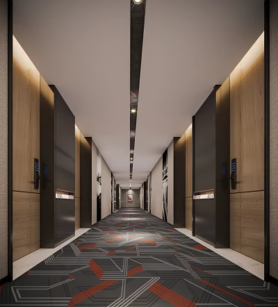Modern Hotel Corridor With Wooden Walls Doors Ceiling Light Strips And Colorful Patterned Carpet 3d model