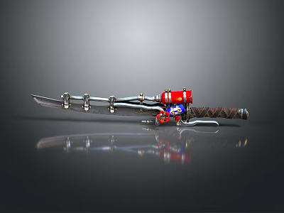 Mechanical Sword Weapon Featuring Red Blue Accents And Wrapped Hilt Design 3d model