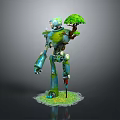 Mechanical Robot Standing With Small Green Tree On Shoulder And Grassland Base 3d model