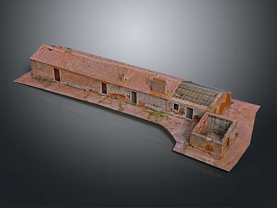 Cartoon Scene of Red Brick Building Model with Multiple Rooms Windows Roof and Courtyard 3d model