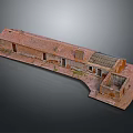 Cartoon Scene of Red Brick Building Model with Multiple Rooms Windows Roof and Courtyard