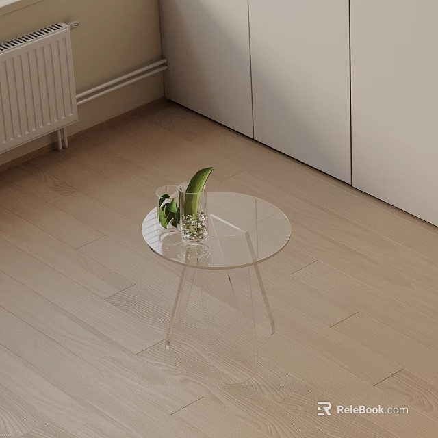 Transparent Round Side Table With Green Plant And Glass Vase In Modern Living Room 3d model 