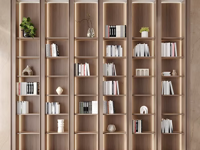 Modern Light Wood Open Shelf Bookcase With Books Green Plant Vase And Decorative Items 3d model