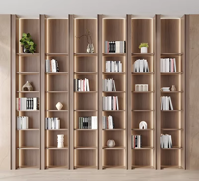 Modern Light Wood Open Shelf Bookcase With Books Green Plant Vase And Decorative Items 3d model