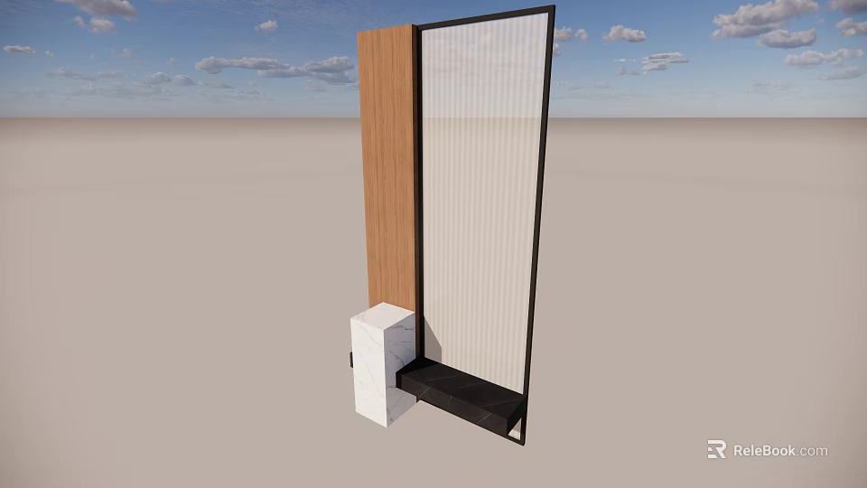 Modern Wooden And Glass Partition Design With White Cabinet And Black Base 3d model 