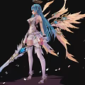 Elegant Fantasy Game Movie Character With Blue Long Hair White Outfit And Wings