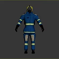 Game and Movie Character in Blue Firefighter Uniform With Yellow Stripes Helmet Mask and Equipment