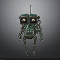Vintage Robot Character With Green Gold Body Glowing Eyes Antenna And Mechanical Limbs