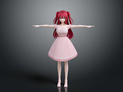 3D Character Model Of Red Haired Girl In Pink Dress With Arms Outstretched 3d model