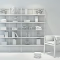 Wooden Shelving Unit with Books Ornaments Purple Vases and White Cushion Chair against Gray Wall