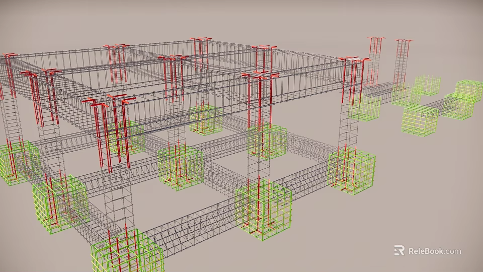 Structural Building Components Featuring Red Columns Green Foundations And Grid Framework 3d model