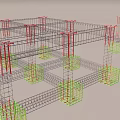 Structural Building Components Featuring Red Columns Green Foundations And Grid Framework 3d model