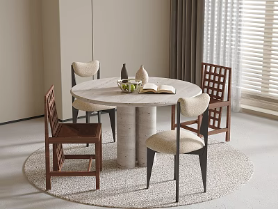 Modern Dining Room Interior With Round Marble Top Table And Wooden Upholstered Chairs On Rug 3d model