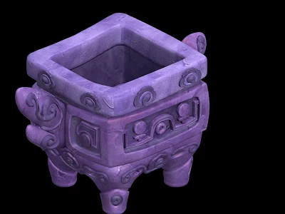 Ornate Purple Square Vessel With Intricate Carved Patterns And Decorative Handles 3d model