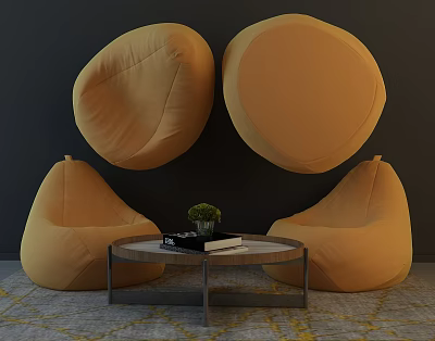 Comfortable Yellow Bean Bag Chairs In Living Room With Coffee Table Green Plant And Books 3d model