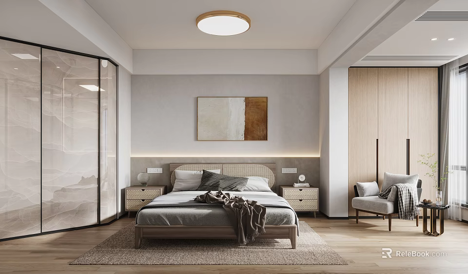Modern Elegant Bedroom Interior With King Bed Wall Painting And Round Ceiling Light 3d model 