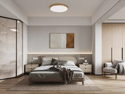 Modern Elegant Bedroom Interior With King Bed Wall Painting And Round Ceiling Light 3d model
