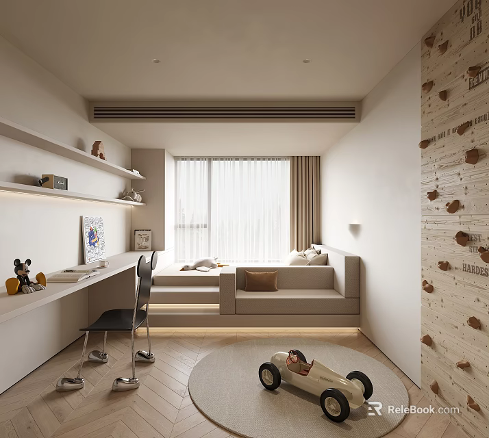 Modern Kids Room Interior Design with Desk Sofa Bed Toy Car Wooden Wall and Window 3d model 
