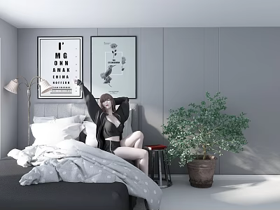 A Woman Sitting On Bed With Framed Posters Gray Wall Floor Lamp And Potted Plant 3d model
