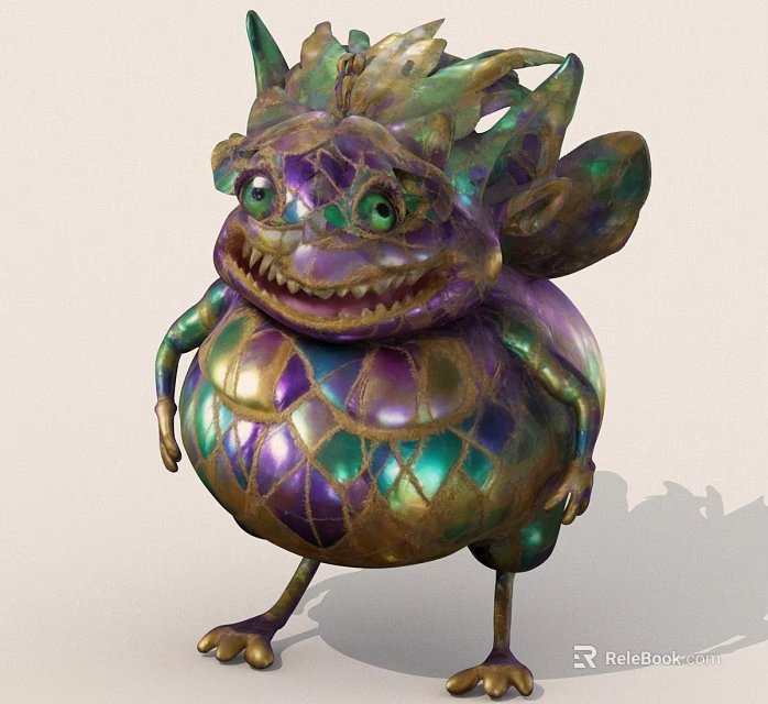 Vibrant Fantasy Creature With Colorful Scales Large Green Eyes Wings And Smiling Mouth 3d model 