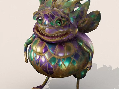 Vibrant Fantasy Creature With Colorful Scales Large Green Eyes Wings And Smiling Mouth 3d model
