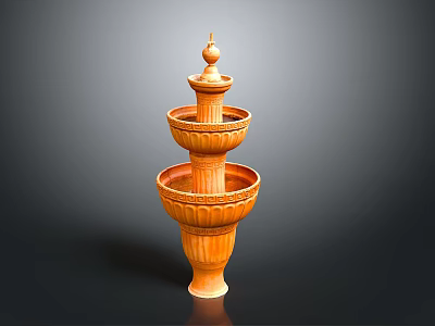 Orange Three Tiered Decorative Fountain With Carved Patterns Pedestal And Top Ornament 3d model