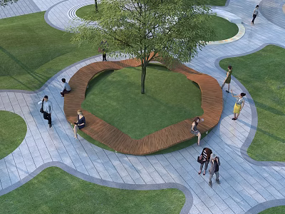 Circular Landscape Bench In Urban Plaza With Tree Lawn Stone Path And People 3d model